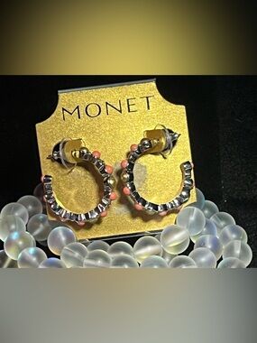 Vintage Monet Silver Toned Hoops with Pink and Gold Details and Rhinestones